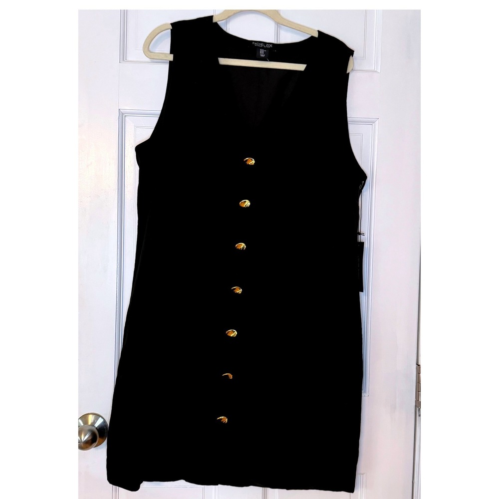 Rachel Zoe Dress Women XL Black Linen Blend Gold Button Front Shift Mini NWT